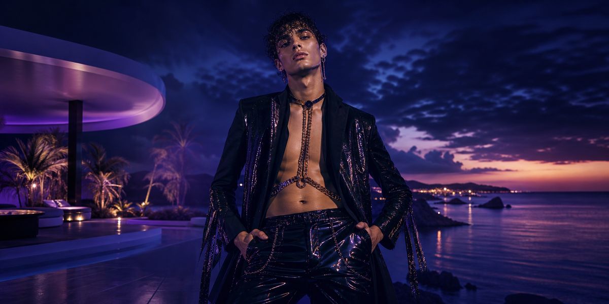 Un uomo in giacca lucida nera sulla terrazza di un club a Ibiza al tramonto