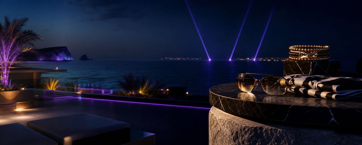 Una terrazza di Ibiza di notte con fasci di luce sul mare